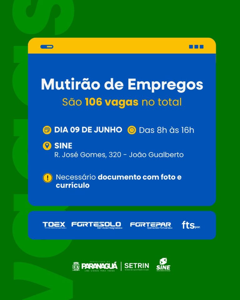 SINE de Paranaguá promove Mutirão com  vagas de emprego na próxima terça-feira (9)