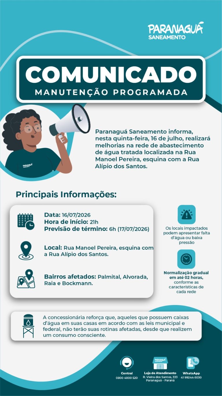 Paranaguá Saneamento anuncia manutenção programada na rede de abastecimento nesta quinta-feira (16)