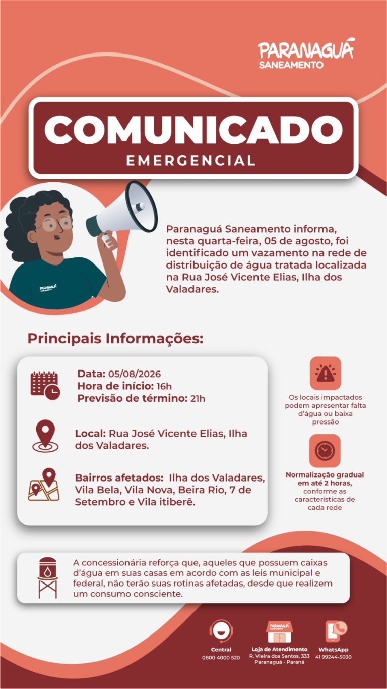 Vazamento na Ilha dos Valadares pode afetar abastecimento de água em seis bairros de Paranaguá nesta quarta (5)